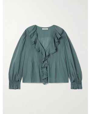 Doen Hardy Lace-Trimmed Ruffled Pintucked Organic Cotton-Voile Blouse - Blue