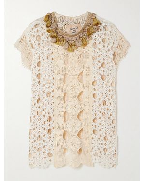 Thank You Have A Good Day Tasselled Patchwork Crocheted Cotton Top - Natural
