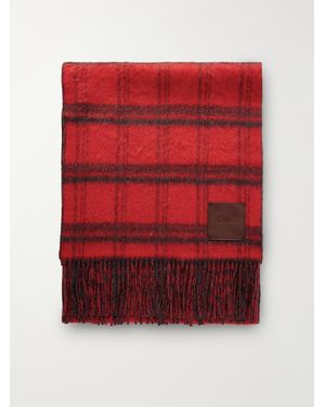 Chloé Logo-Debossed Fringed Checked Leather-Trimmed Alpaca And Wool-Blend Scarf - Red