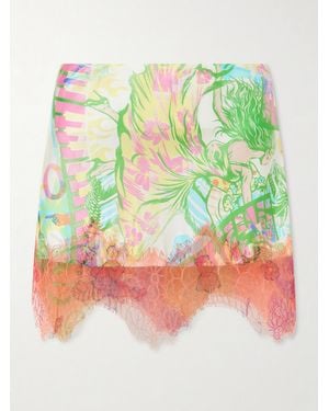 Donde Esteban Sonido Bestial Lace-Trimmed Printed Satin Mini Skirt - Green
