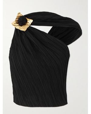Cult Gaia Moira Asymmetric Plissé-Chiffon Top - Black