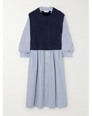 Sea Caleb Cable-Knit Merino Wool And Striped Cotton-Poplin Midi Dress - Blue