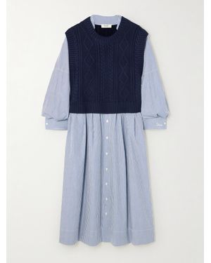 Sea Caleb Midikleid Aus Gestreifter Baumwollpopeline Und Merinowolle - Blau
