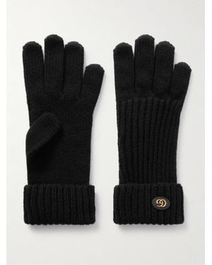 Gucci Embellished Leather-Trimmed Wool And Cashmere-Blend Gloves - Black
