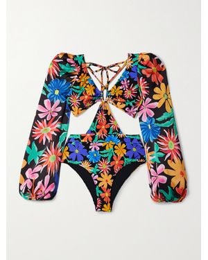PATBO Aster Crepe De Chine-Paneled Cutout Floral-Print Swimsuit - Black