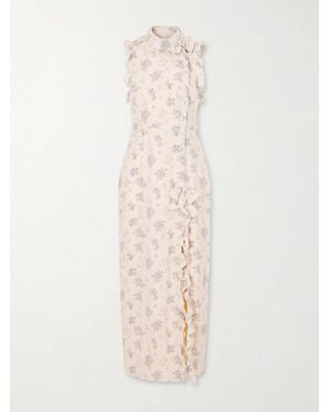 Alessandra Rich Ruffled Floral-Print Silk Midi Dress - White