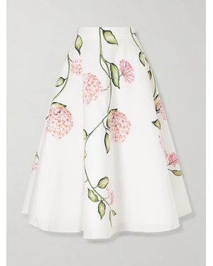 Oscar de la Renta Porcelain Floral-Print Stretch Cotton-Poplin Midi Skirt - Natural