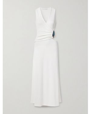 Christopher Esber Moodstone Embellished Wrap-Effect Cutout Ribbed Stretch-Jersey Maxi Dress - White