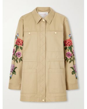 Carolina Herrera Floral-Embroidered Cotton-Gabardine Jacket - Natural