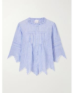 Loretta Caponi Matilde Scalloped Shirred Striped Linen Shirt - Blue