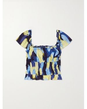 Altuzarra Darcey Ruffled Printed Stretch-Cotton Poplin Top - Blue