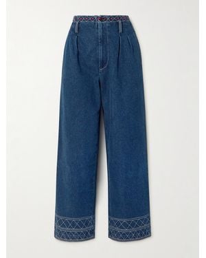Bode Murray High-Rise Pleated Embroidered Wide-Leg Jeans - Blue