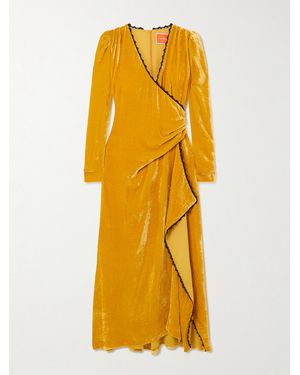 La DoubleJ Wrap-Effect Draped Lace-Trimmed Velour Maxi Dress - Yellow