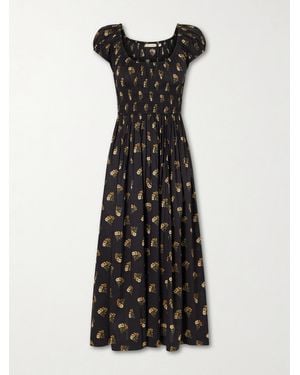 Doen Quinley Shirred Floral-Print Cotton-Blend Poplin Midi Dress - Black