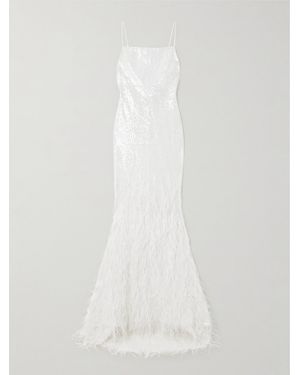 retroféte Odessa Feather-Trimmed Sequined Lace Gown - White
