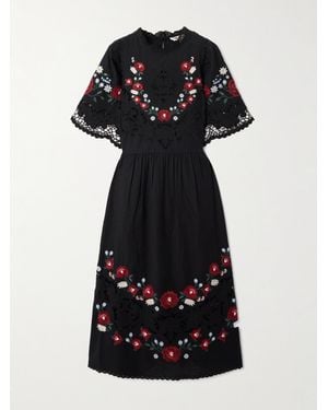 Sea Rosaline Midikleid Aus Einer Bestickten Baumwoll-Leinenmischung Mit Lochstickerei - Schwarz