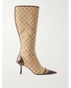 Gucci Savoy Horsebit Leather-Trimmed Gg Supreme Canvas Knee Boots - White