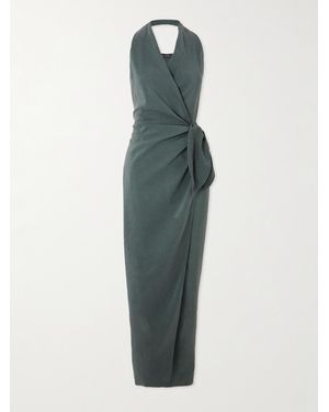 Cortana Mona Linen And Silk-Blend Halterneck Maxi Wrap Dress - Green