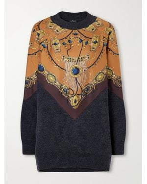 Etro Printed Silk-Trimmed Wool And Cashmere-Blend Sweater - Blue