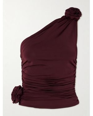 Magda Butrym One-Shoulder Floral-Appliquéd Ruched Satin-Jersey Top - Purple