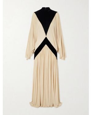 Zimmermann Valiant Deco Pleated Paneled Velvet-Trimmed Jersey Maxi Dress - Natural