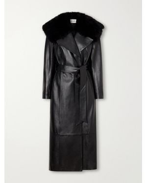 TOVE Rosa Belted Panelled Shearling-Trimmed Leather Wrap Coat - Black