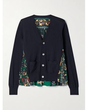 Sacai Cardigan Aus Baumwolle, Bedrucktem Satin Und Chiffon - Blau