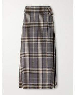 Burberry Pleated Checked Wool Midi Skirt - Gray