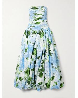 Aje. Behold Strapless Ruched Floral-Print Cotton-Poplin Gown - Blue