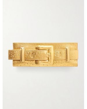 Balmain Anthem Buckled Ostrich-Effect Metallic Leather Clutch