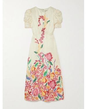 Saloni Bianca Printed Silk-Jacquard Midi Dress - White