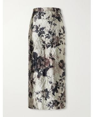 Erdem Floral-Print Crinkle Satin Midi Skirt - Grey