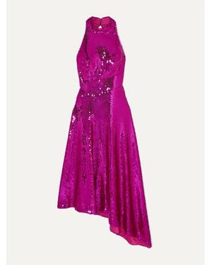 Rasario Asymmetric Open-back Sequined Satin Midi Dress - Pink