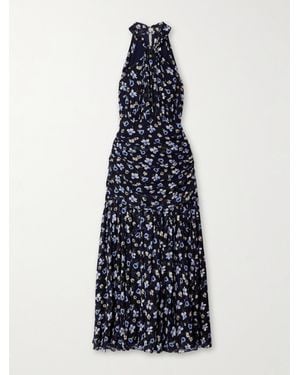 Veronica Beard Brock Ruched Floral-Print Silk Crepe De Chine Midi Dress - Blue