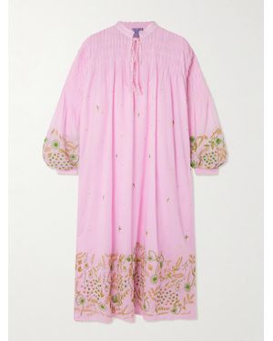 Thierry Colson Cafetan En Voile De Coton À Broderies, Plis Nervures Et Houppes Guise - Rose