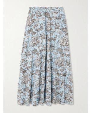 STAUD Axel Printed Cotton-Blend Midi Skirt - Blue