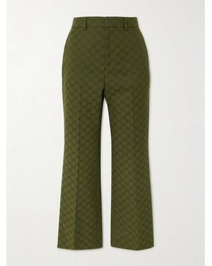 Gucci Cropped Cotton-Blend Canvas-Jacquard Flared Trousers - Green