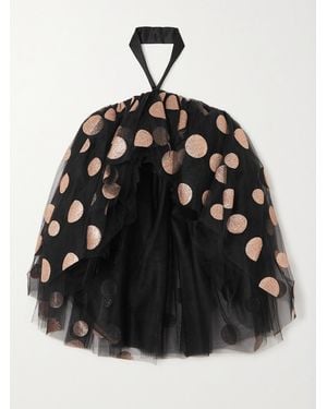 Halpern Cropped Halterneck Glittered Polka-Dot Tulle Top - Black