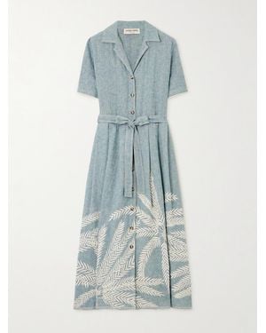Emporio Sirenuse Claudia Palm Belted Embroidered Ramie And Linen-Blend Midi Dress - Blue