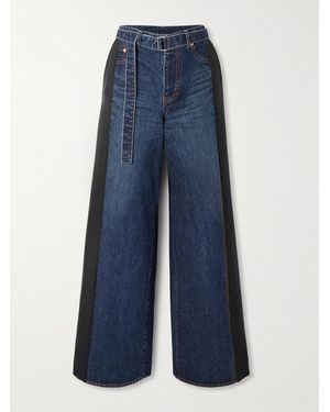 Sacai Belted Wool-Blend Trimmed Denim Wide-Leg Trousers - Blue
