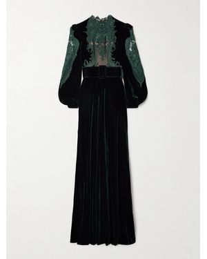 Costarellos Belted Corded Lace-Trimmed Velvet Gown - Black