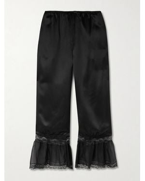 Saint Laurent Ruffled Lace-Trimmed Silk-Satin Wide-Leg Pants - Black