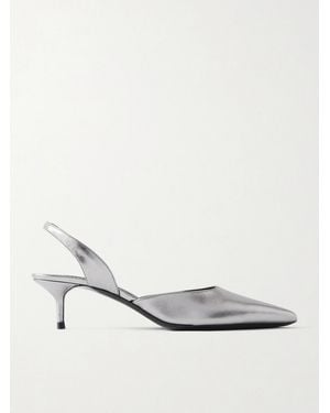 STAUD Metallic Leather Slingback Court Shoes - White