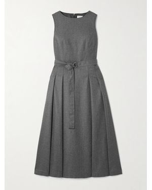 Brunello Cucinelli Belted Pleated Wool Midi Dress - Gray
