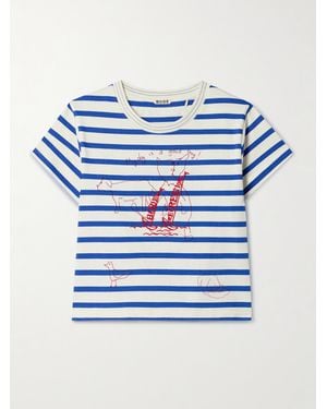 Bode Sails Margate Verkürztes T-Shirt Aus Baumwoll-Jersey Mit Prints Und Stickereien - Blau