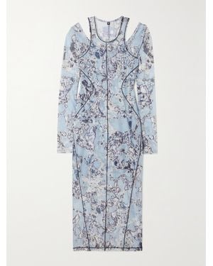 McQ Striae Layered Printed Stretch-Mesh Midi Dress - Blue