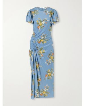 Veronica Beard Huntleigh Gathered Floral-Print Silk-Blend Satin Midi Dress - Blue
