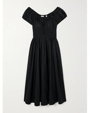 Doen Quinn Tie-Detailed Shirred Organic Cotton-Poplin Midi Dress - Black