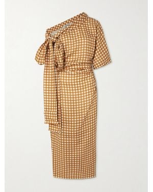 BERNADETTE Bowie Tie-Detailed One-Shoulder Checked Linen Maxi Dress - Natural