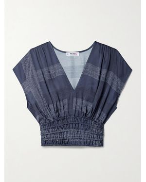 lemlem Net Sustain Alia Cropped Shirred Printed Charmeuse Top - Blue